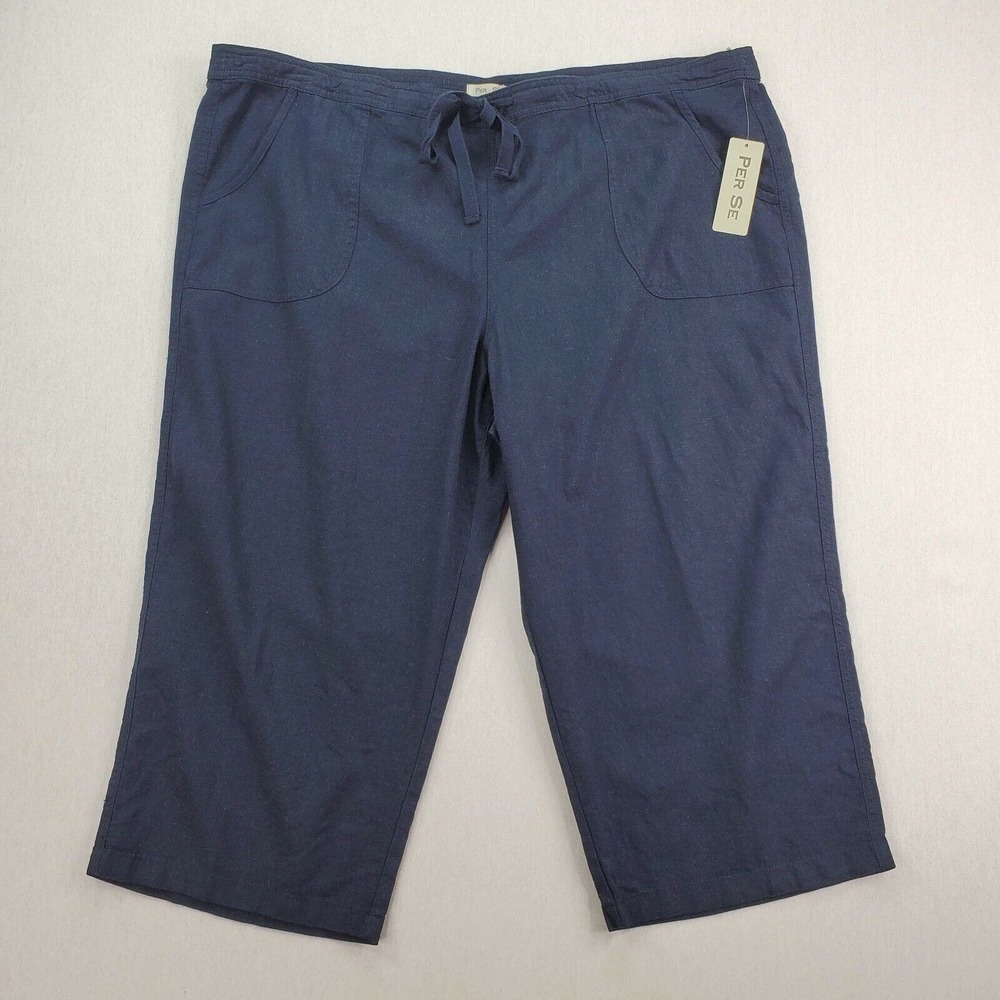 CC - Per Se Linen Cropped Pants Women 24W Solid Navy Blue Pull-On Drawstring NWT